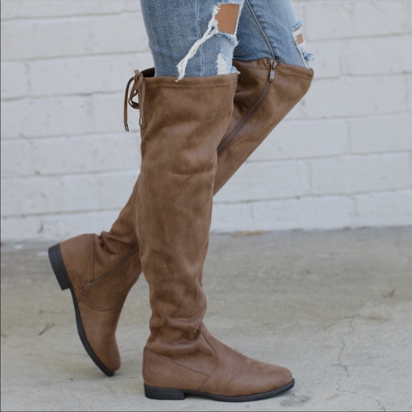 Over the Knee Boots Tan String TieBack Vegan Suede - Picture 3 of 4